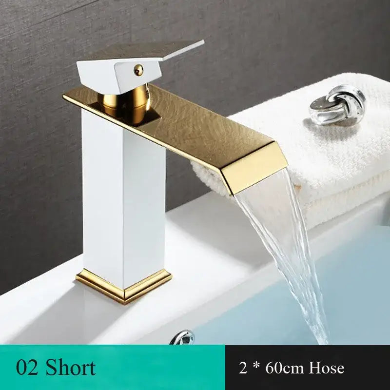 Modern decorbites black gold basin faucet with white rectangular body gold accents and waterfall spout design