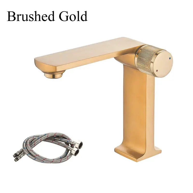 Brushed gold decorbites black gold basin faucet with single-handle and textured knob for modern bathroom sink
