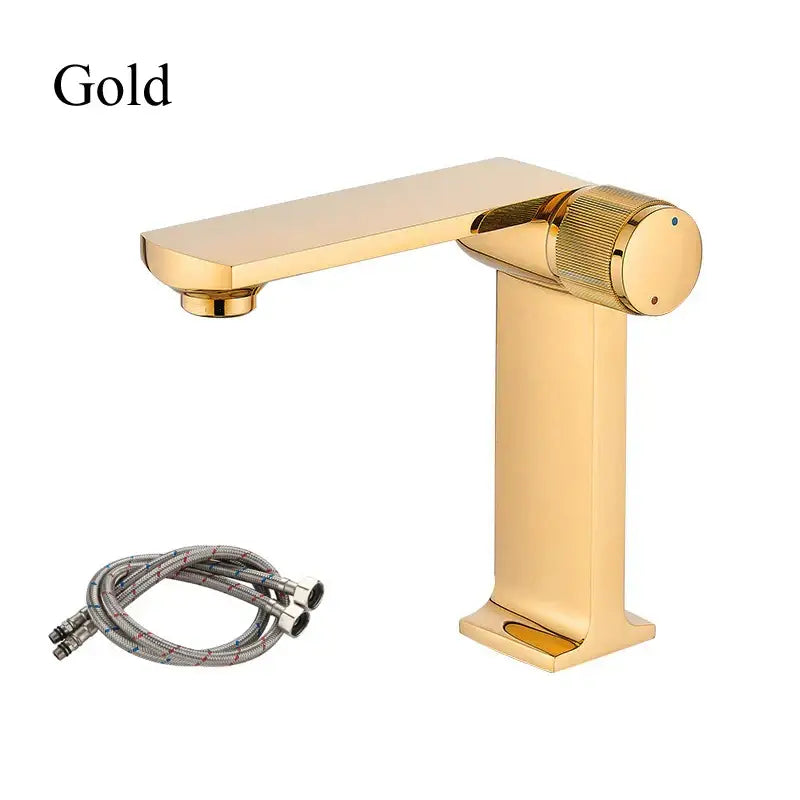 Gold-finished decorbites black gold basin faucet with single-handle and textured knob for modern bathroom sink