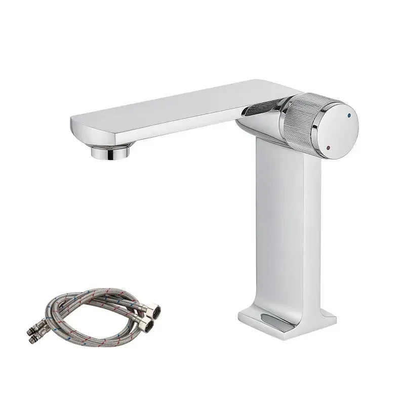 Modern chrome finished basin faucet with a sleek rectangular spout and textured knob for decorbites black gold basin use