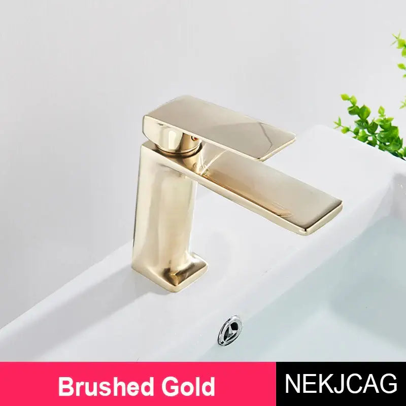 Brushed gold decorbites black gold basin faucet with sleek rectangular design for deck mounted bathroom sink use