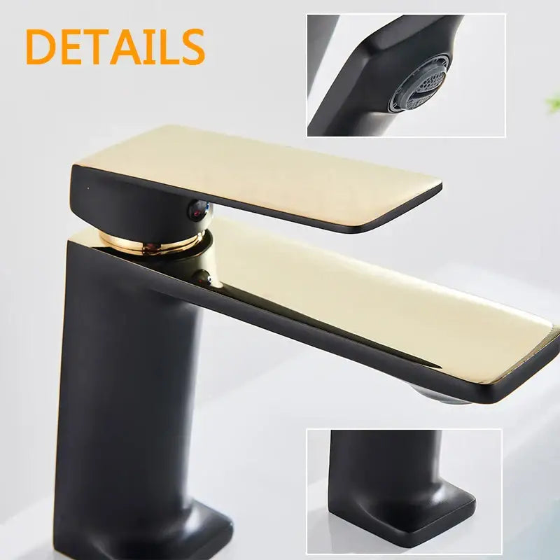 Modern two-tone decorbites black gold basin faucet with matte black base and polished gold handle for bathroom sink