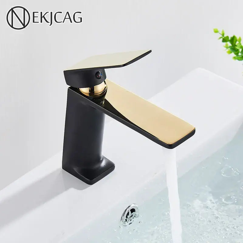Decorbites black gold basin faucet with sleek angular black and gold design for deck mounted bathroom sink