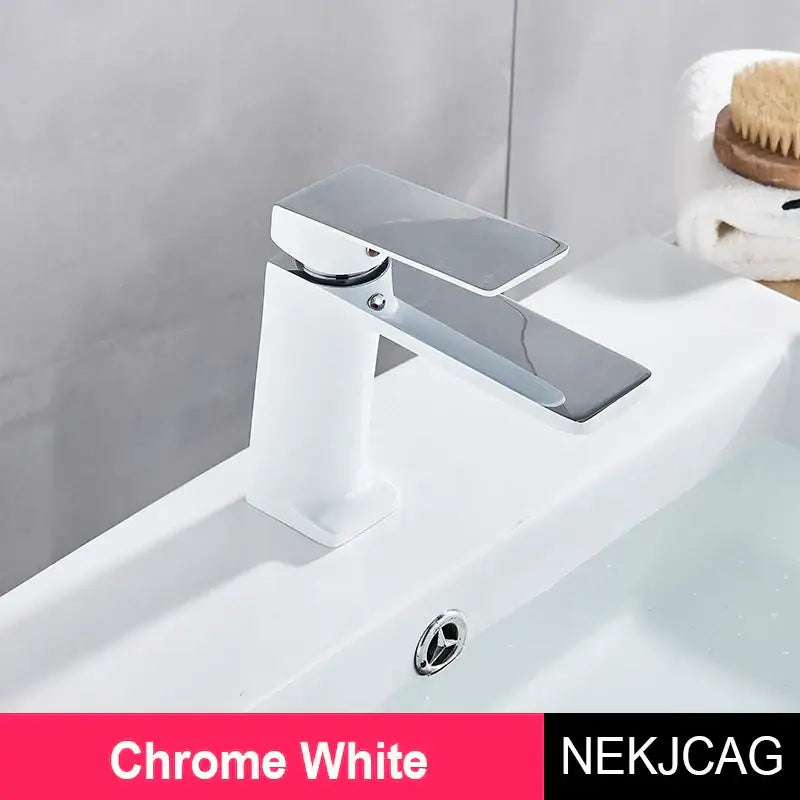 Chrome and white modern basin faucet with rectangular spout and decorbites black gold handle for bathroom sink