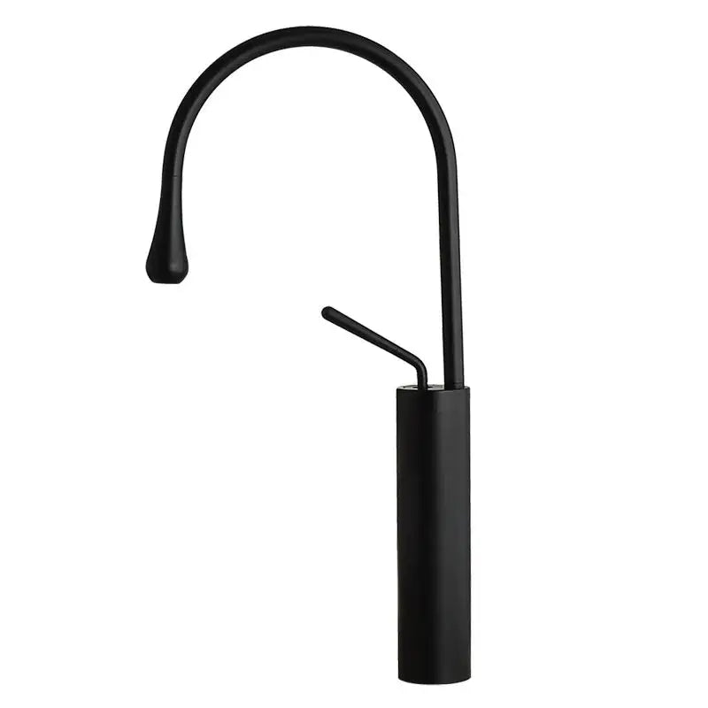 Decorbites black gold basin faucet with black matte finish, sleek curved spout, cylindrical base, and swivel hot cold handles