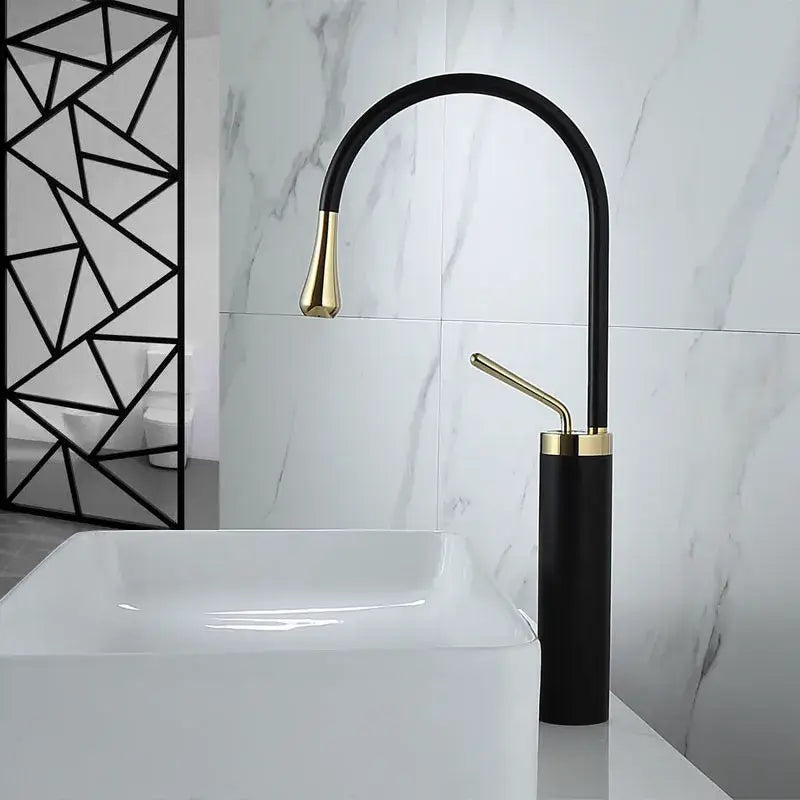 Decorbites black gold basin faucet with curved spout and cylindrical base swivel kitchen sink water crane with hot cold handles