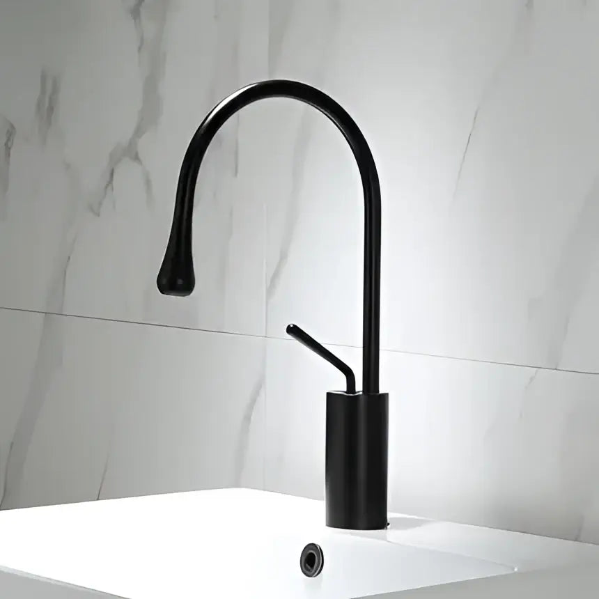 Decorbites black gold basin faucet with black matte finish curved spout and cylindrical base for modern kitchens
