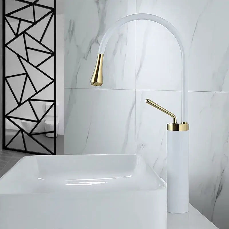 Modern decorbites black gold basin faucet with white and gold finish, sleek curved spout, and minimalist design for kitchen sinks