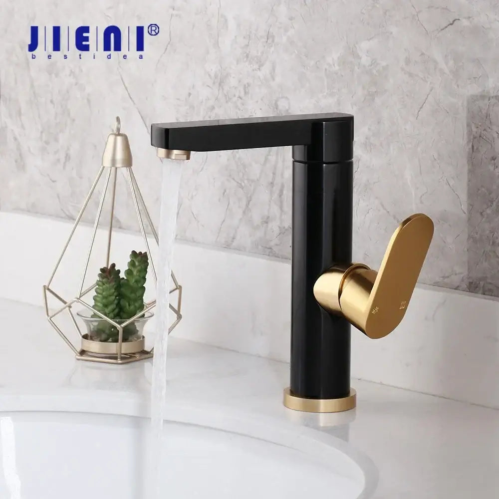 DecorBites black gold bathroom faucet with a sleek black gold rectangular spout and oval handle in brass space aluminum