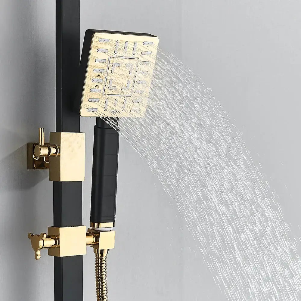DecorBites™ black gold shower faucet set with gold square showerhead textured surface and black handle on vertical bar