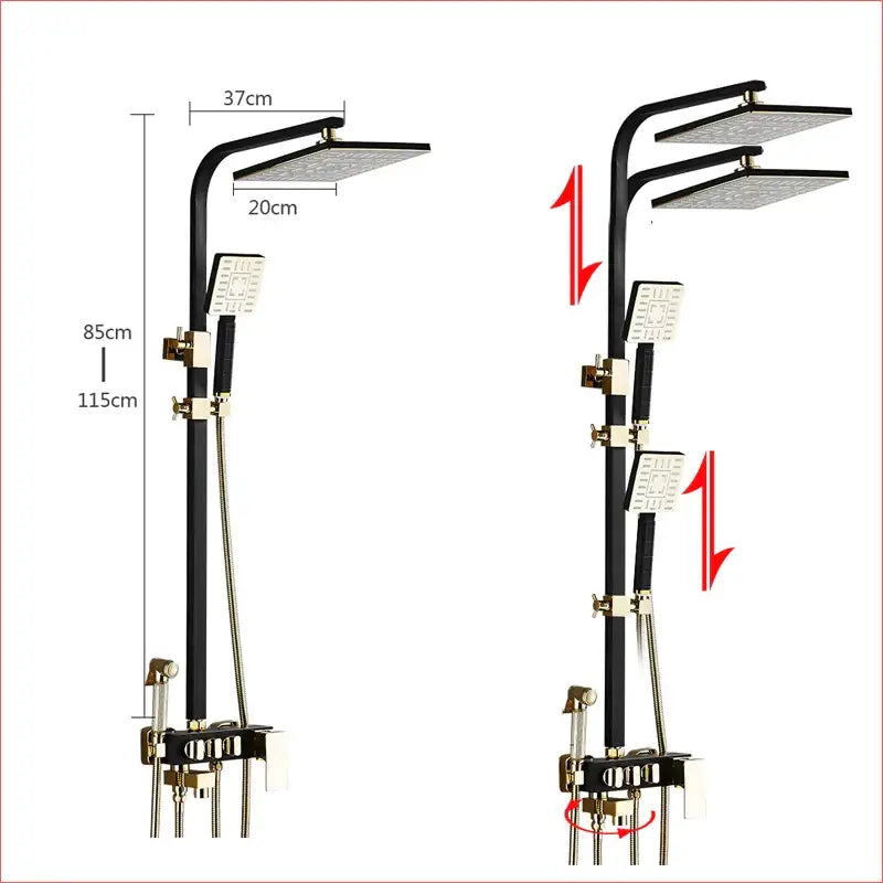 DecorBites black gold shower faucet set with two square rainheads and handheld spray for luxurious bathroom use