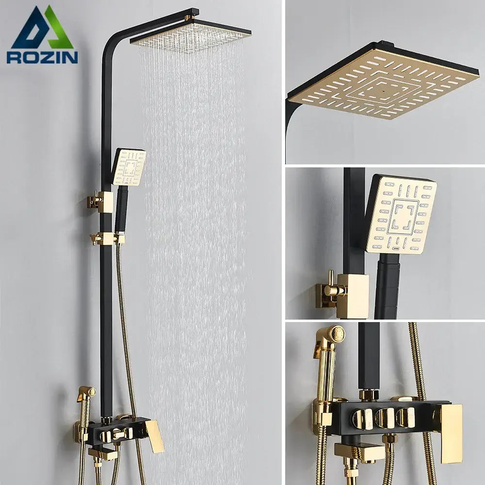 Decorbites black gold bidet shower faucet set with square rainhead handheld spray and control panel in two-tone finish
