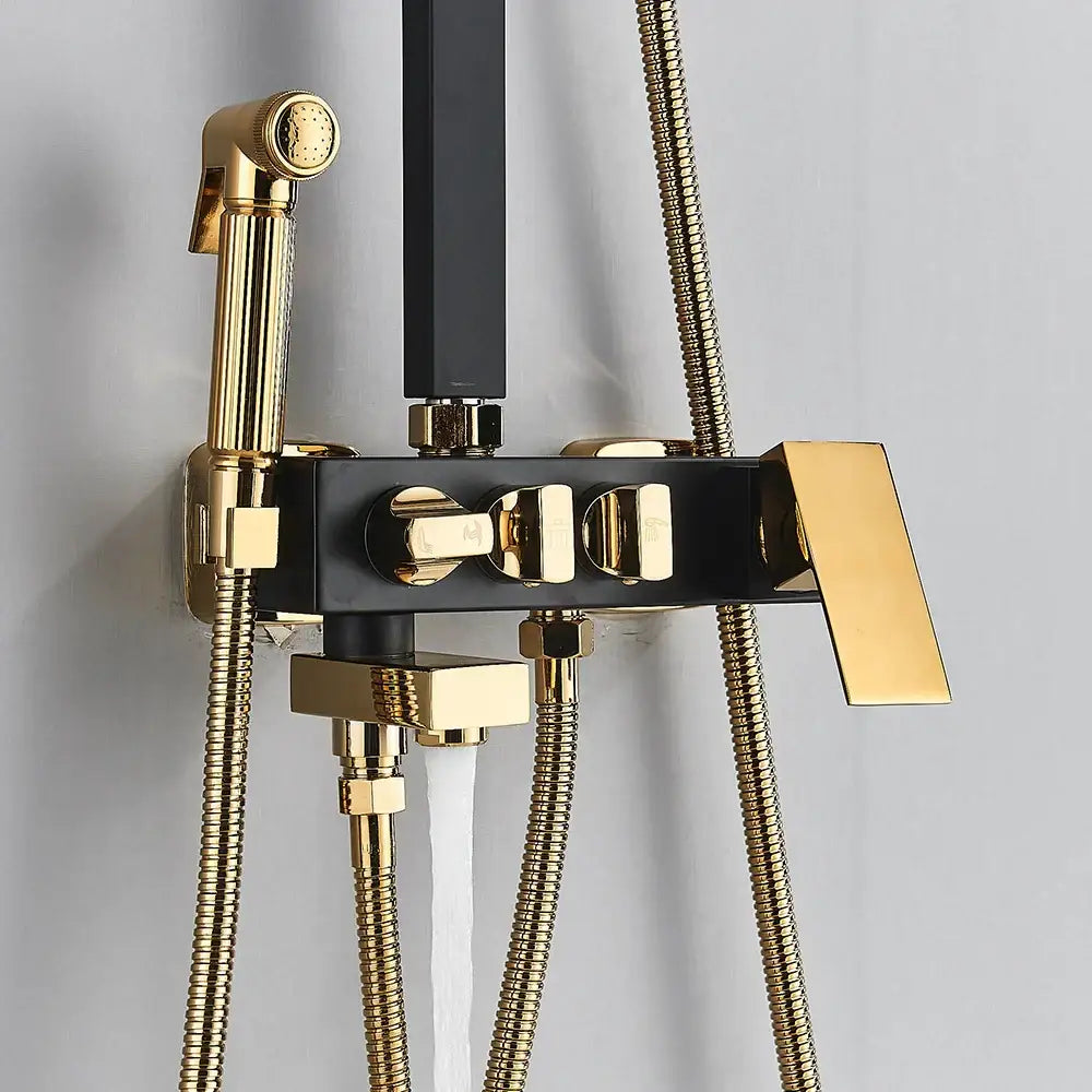 DecorBites black gold bidet shower faucet set with sleek rectangular design, three knobs, and integrated handheld spray head