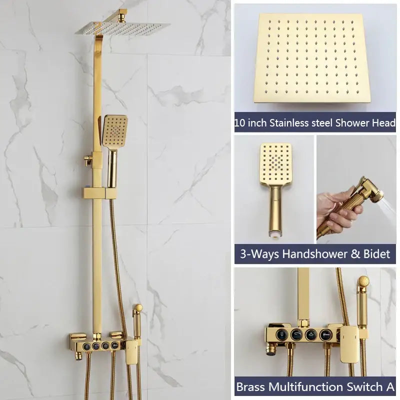 Decorbites™ black gold bidet shower faucet set with gold-finished brass shower faucet featuring square rainhead and multifunction switch