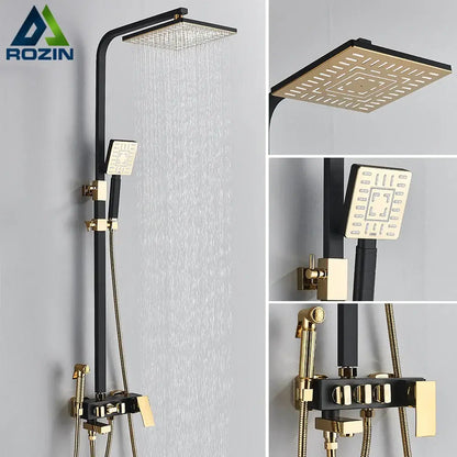 Decorbites black gold bidet shower faucet set with square rainhead handheld spray and mixer tap in two-tone finish