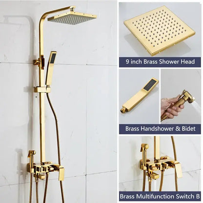Gold-finished brass decorbites™ black gold bidet shower faucet set with square rainhead handheld sprayer and multifunction switch