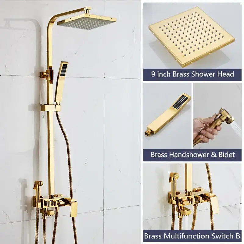 Gold-finished brass decorbites™ black gold bidet shower faucet set with square rainhead handheld sprayer and multifunction switch