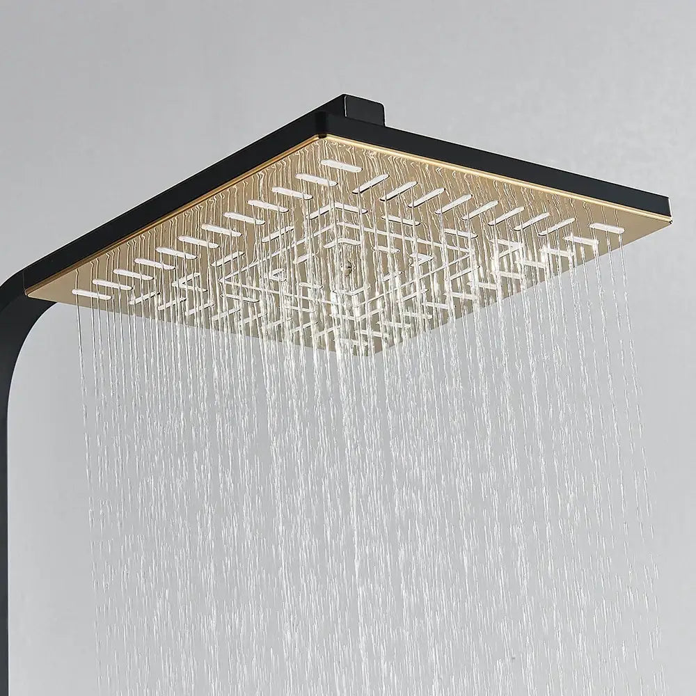 DecorBites™ black gold shower faucet set with square rain showerhead featuring multiple gold interior water jets