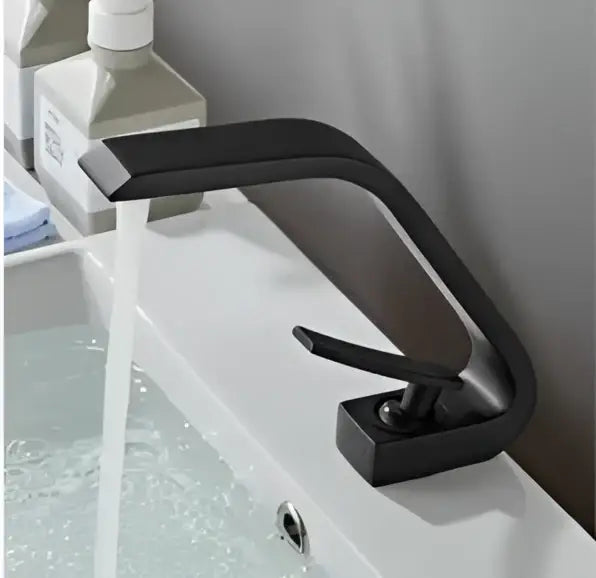 Decorbites black gold brass bathroom faucet mixer with black matte curved spout and minimalist handle for sink deck mounting