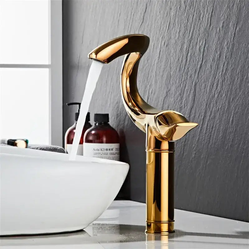 Golden sleekly curved decorbites black gold brass bathroom faucet mixer with bird-like design and polished chrome gray finish