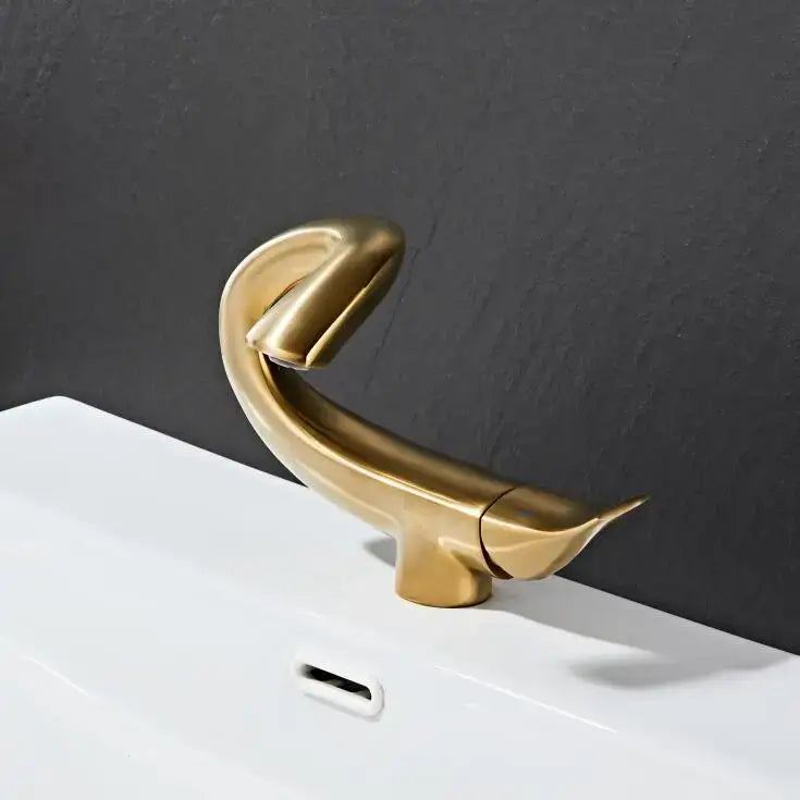 Gold brass bathroom faucet mixer by DecorBites black gold with sleek curved design and chrome gray deck mounted style