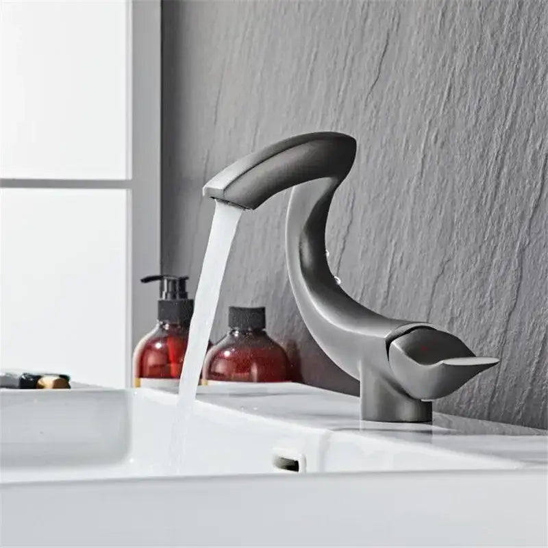 Modern matte black decorbites black gold brass bathroom faucet with sculpted design and curved spout deck mounted chrome gray