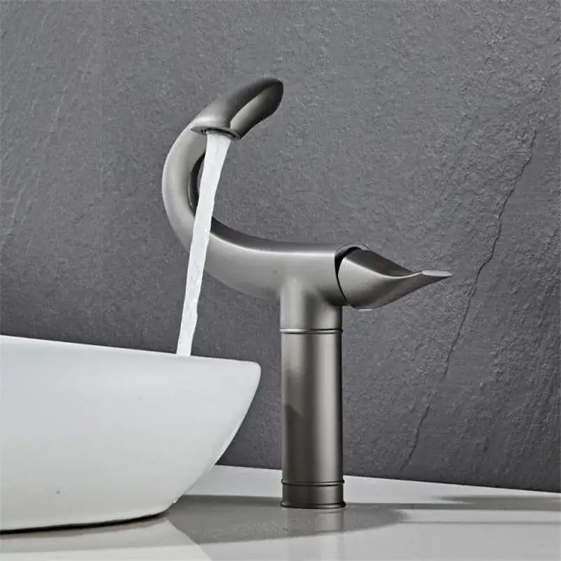 Decorbites black gold brass bathroom faucet mixer in chrome gray with modern brushed nickel swan-shaped design and flowing water