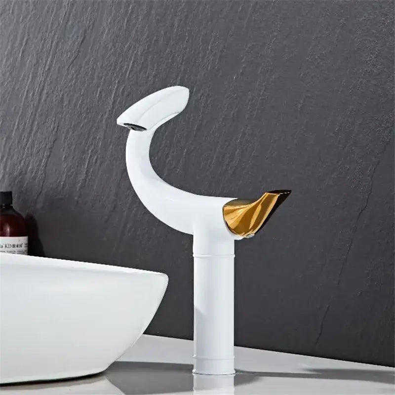 Decorbites black gold brass bathroom faucet mixer sink tap deck mounted in white and gold with sleek curved design