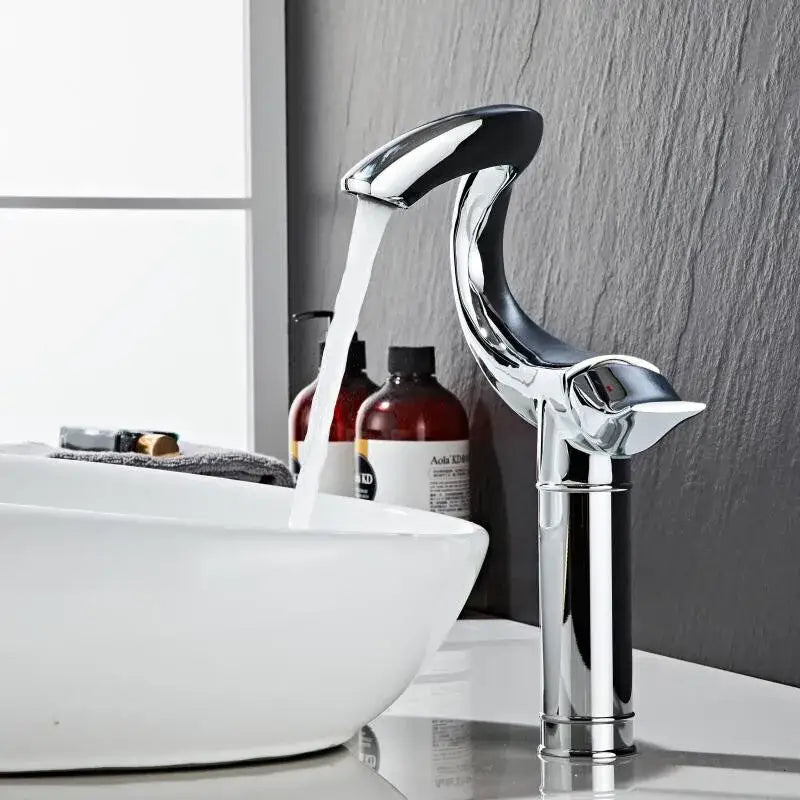 Chrome finished sculptural waterfall faucet from DecorBites black gold brass bathroom mixer deck mounted sink tap gray