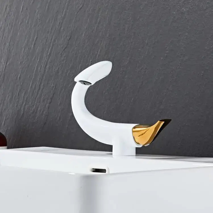 DecorBites black gold brass bathroom faucet mixer with white and gold swan-shaped curved design in chrome gray