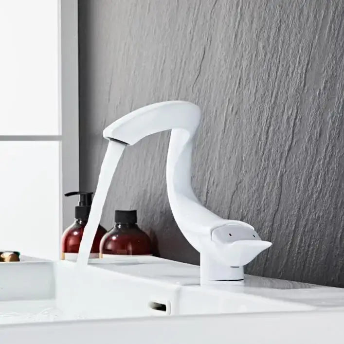 White ceramic decorbites black gold brass faucet shaped like stylized swan for gold brass bathroom sink mixer chrome gray