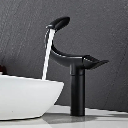 DecorBites black gold brass bathroom faucet mixer with black matte curved spout and minimalist chrome gray design