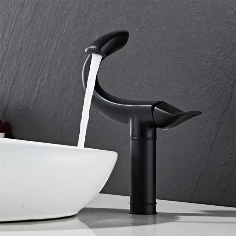 DecorBites black gold brass bathroom faucet mixer with black matte curved spout and minimalist chrome gray design