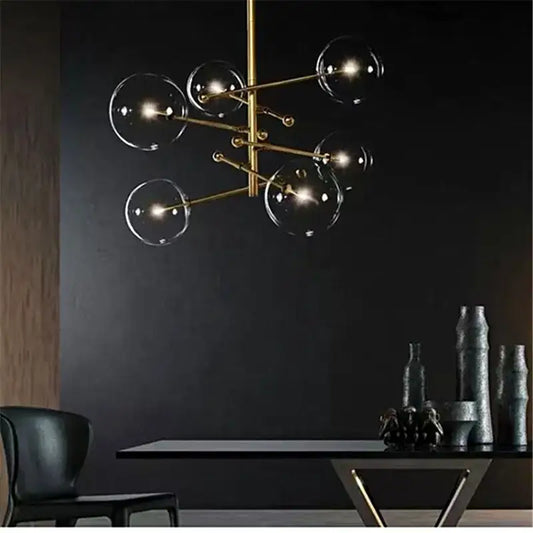 Decorbites black gold brass chandelier with clear glass globe bulbs features vintage geometric black gold lighting design