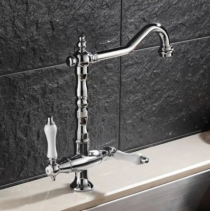 Decorbites™ black gold brass kitchen sink faucet with chrome finish double handles and white ceramic accents sink faucet