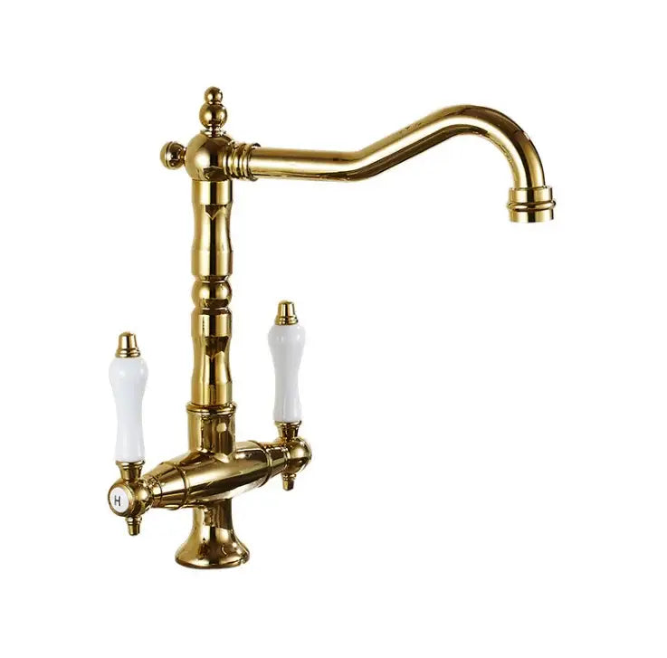 DecorBites black gold brass kitchen sink faucet with double white ceramic handles and a curved spout sink faucet