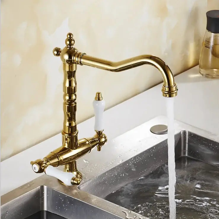 DecorBites black gold brass kitchen sink faucet with double white ceramic handles and vintage ornate design