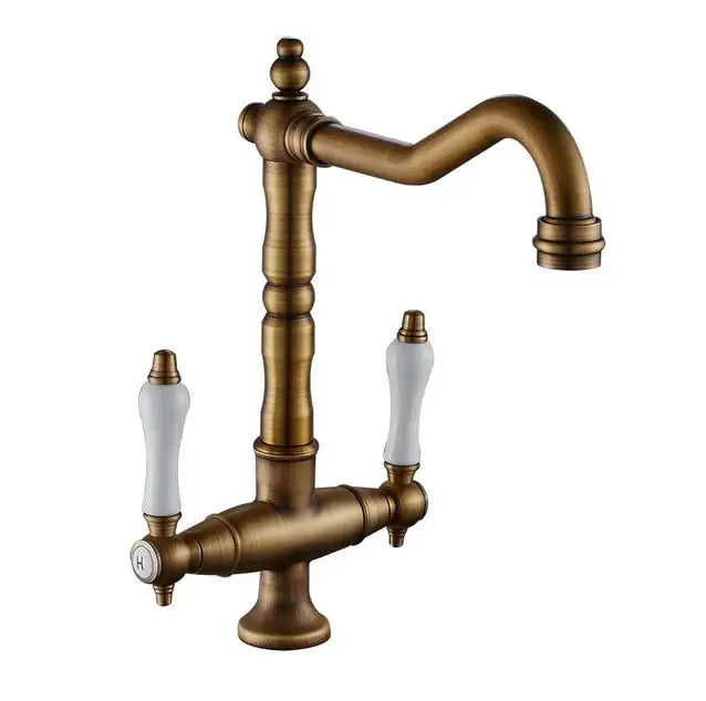 Antique brass kitchen sink faucet with white ceramic handles and ornate design by DecorBites black gold brass