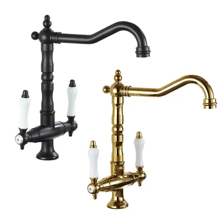 Decorbites™ black gold brass kitchen sink faucet with double handles and white ceramic handles sink faucet