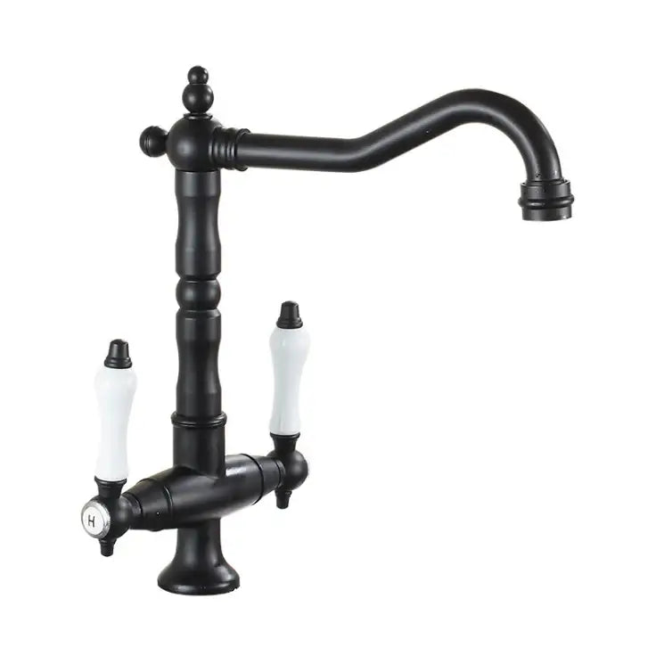 DecorBites black gold brass kitchen sink faucet with black matte finish, white ceramic handles, and curved spout