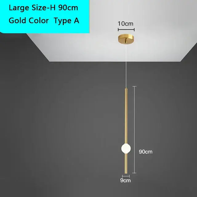 Decorbites black gold ceiling pendant featuring a gold cylindrical stem and white spherical bulb for bedside lighting