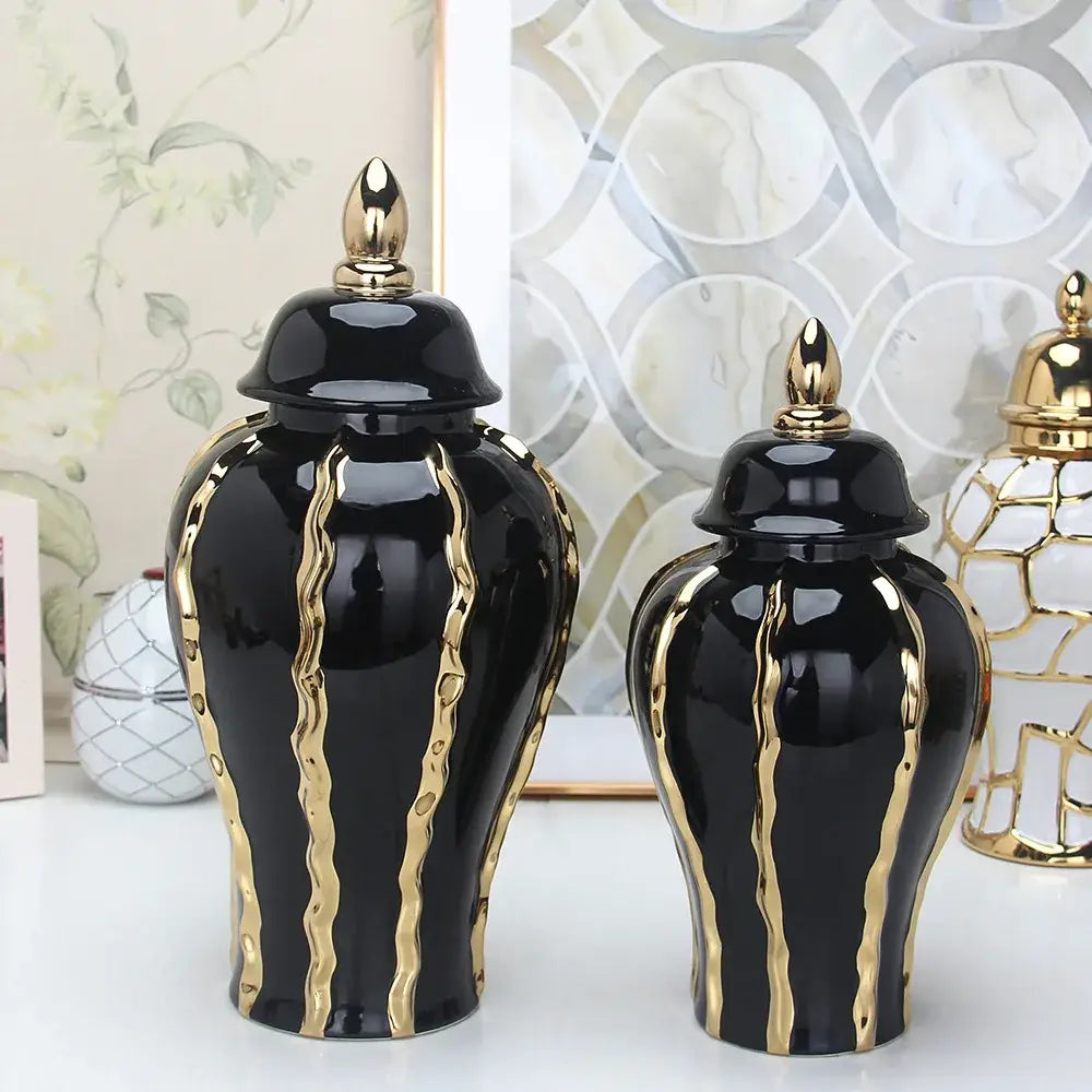 DecorBites black gold ceramic pot vintage flower vase with wavy gold stripes and matching lids for home decoration