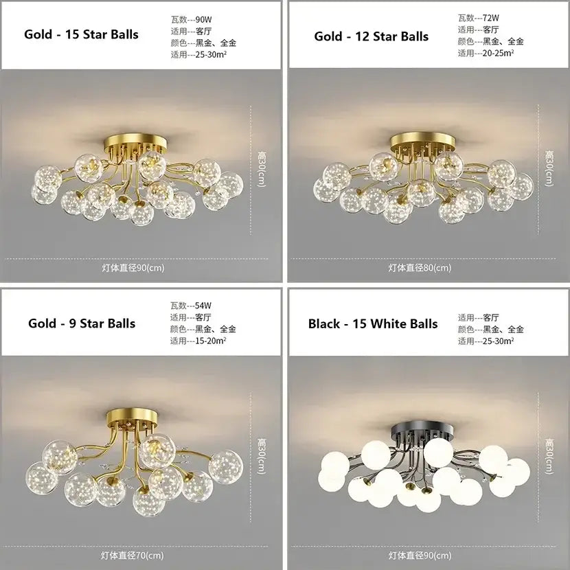 DecorBites black gold chandelier with gold-finished starburst ceiling light and clear spherical glass bulbs
