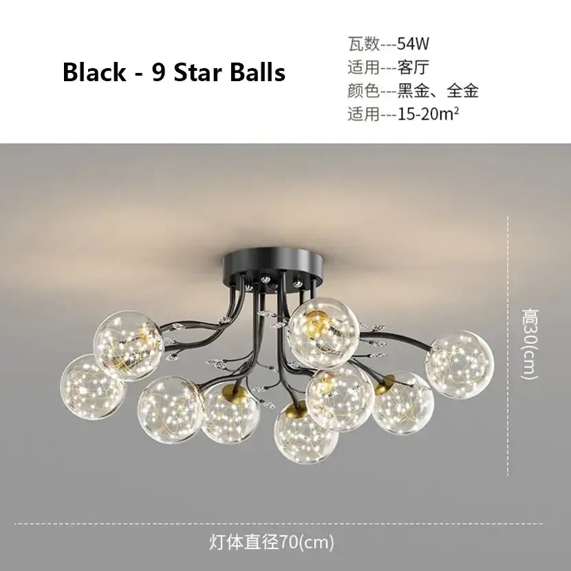 Decorbites black gold chandelier with nine clear glass spheres featuring glowing fairy lights for elegant lighting