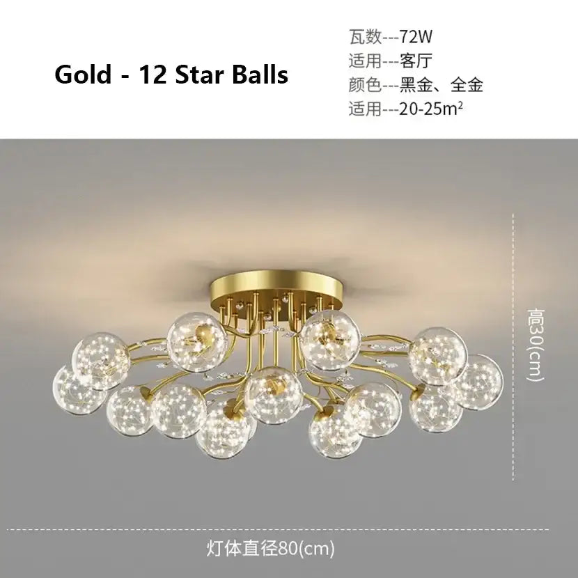 Gold-colored decorbites black gold chandelier with twelve clear glass spherical bulbs in a starburst design