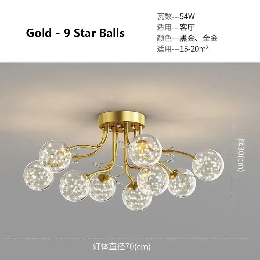 Gold-colored DecorBites black gold chandelier with nine clear star glass ball pendant lights featuring sparkling LED bulbs
