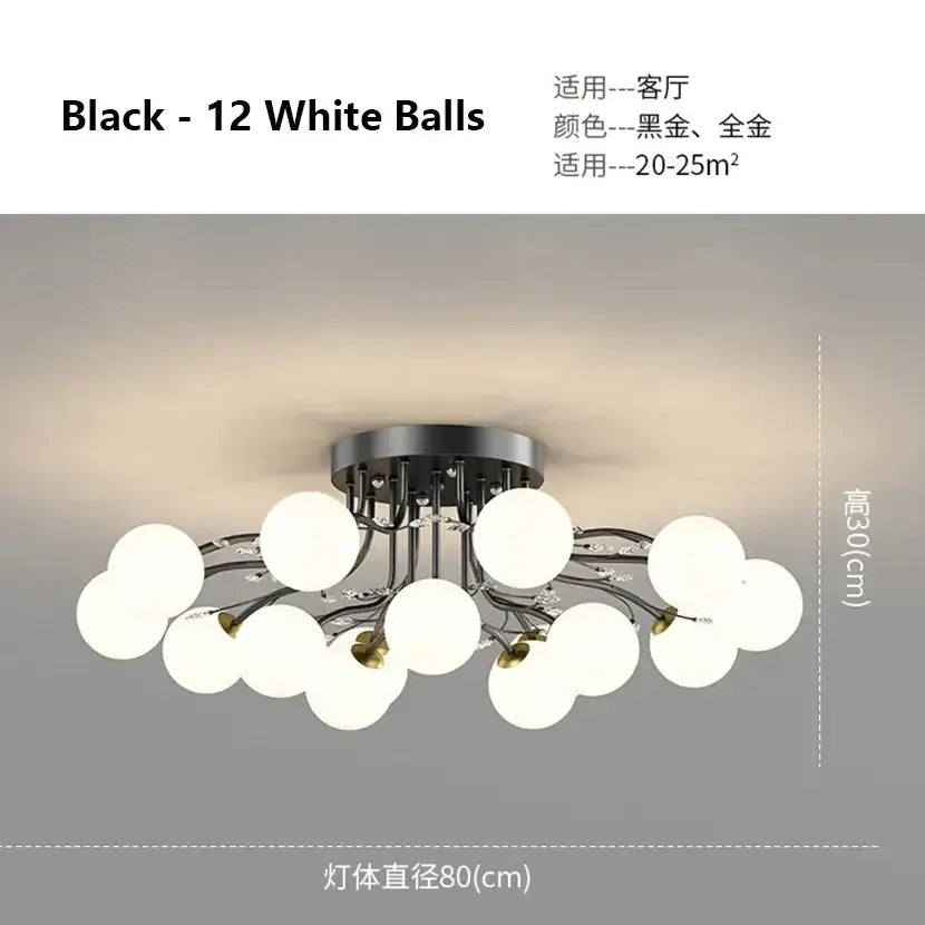 DecorBites black gold chandelier with black metal branching design and twelve frosted white spherical bulbs