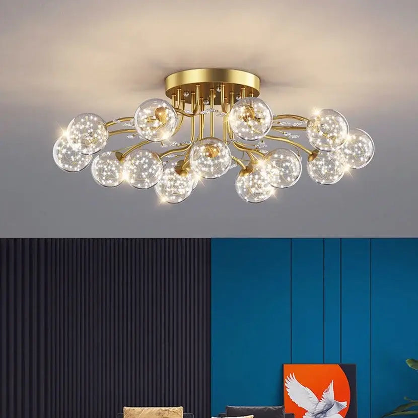 Decorbites black gold chandelier featuring gold-toned fixture with clear glass spheres and crystal accents pendant lights