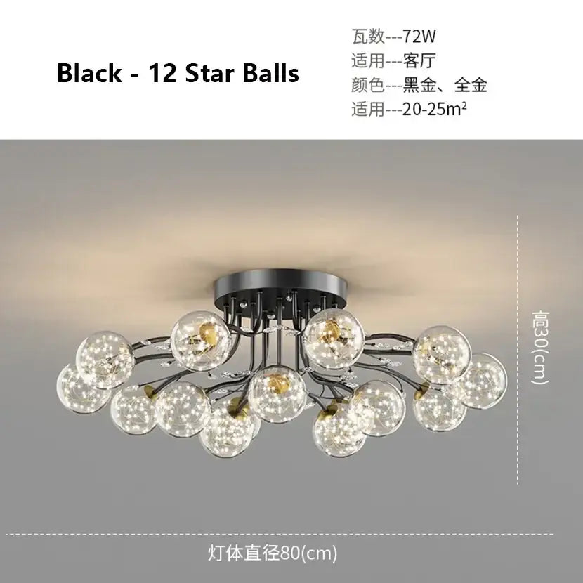 Decorbites black gold chandelier featuring a black 12-star ball ceiling light with clear glass orbs and sleek metal frame