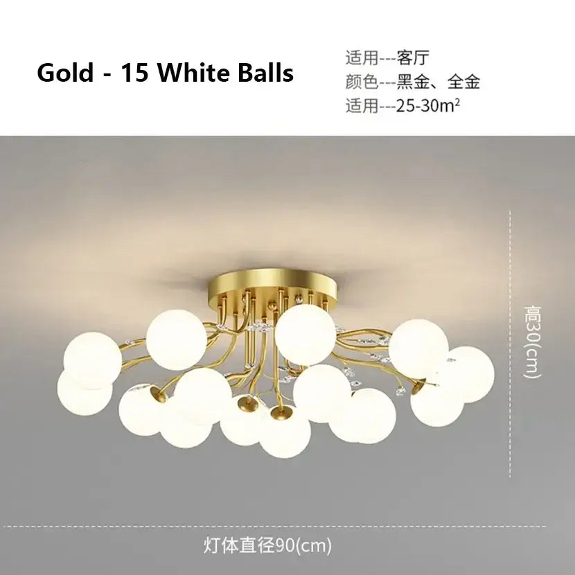 Decorbites black gold chandelier featuring gold ceiling fixture with fifteen white glass bulbs and clear crystal accents